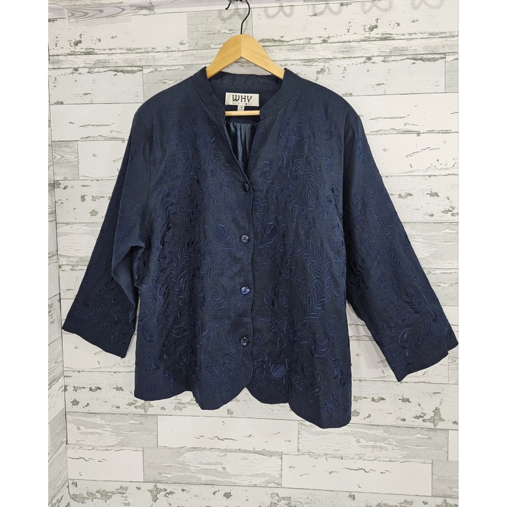 WHY New York Women's 16 Blue Embroidered Linen Jacket Skirt Set
